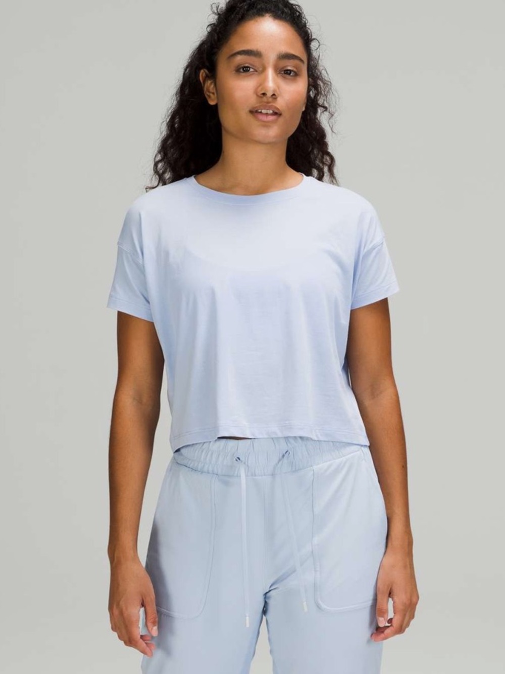 Lululemon Cates Tee Blue Linen Boxy Crop Pima Cotton Shirt Size 8